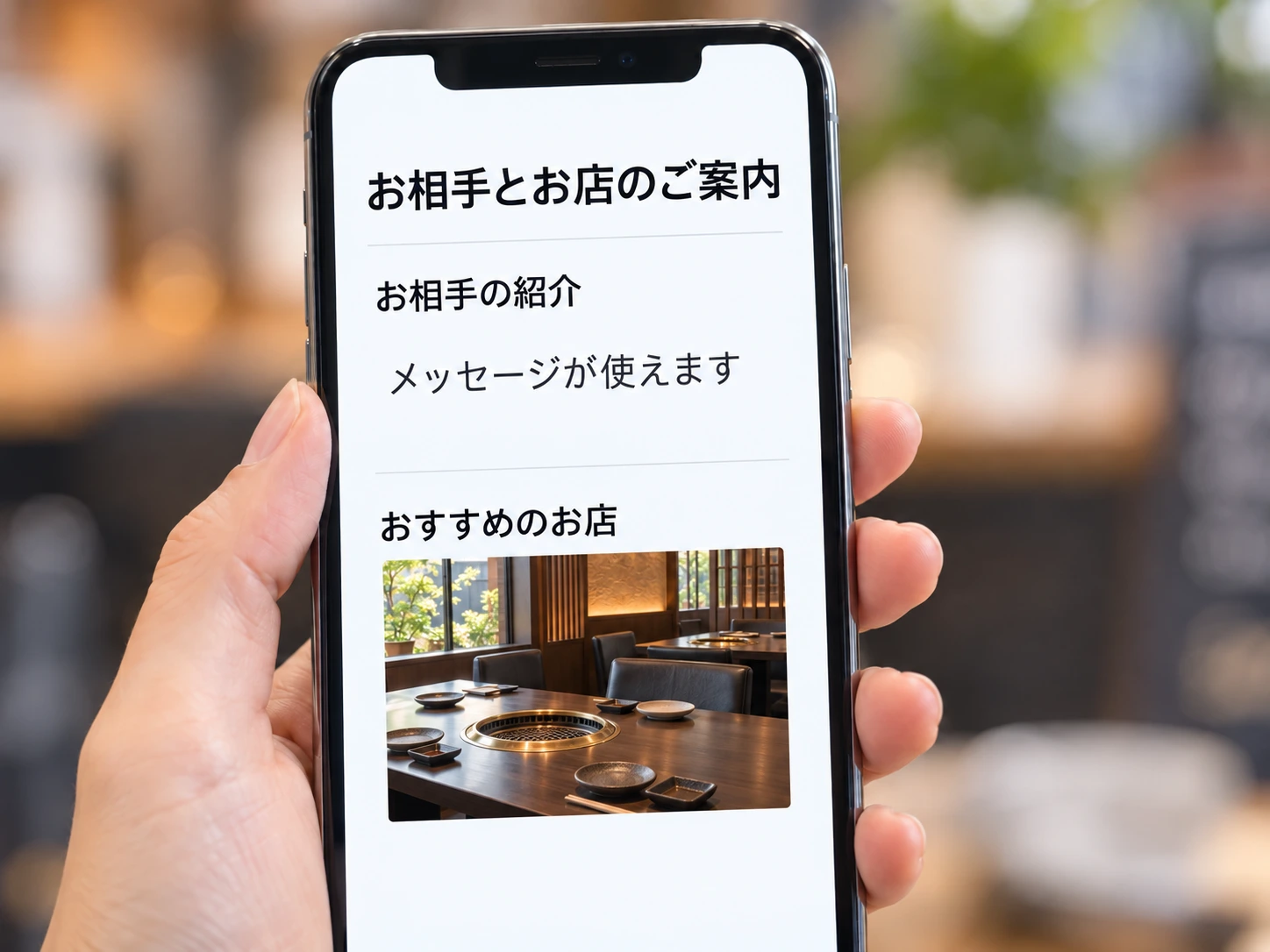 スマートフォンにお相手の紹介とおすすめのお店が一緒に届く画面例。顔写真は表示されません。
